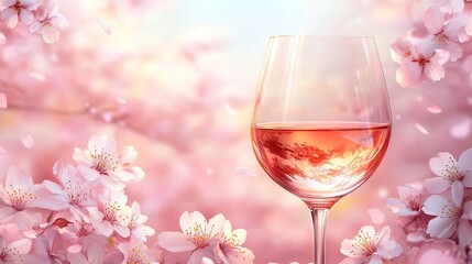 A glass of rose wine is placed against a backdrop of sakura flowers banner.