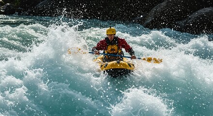 Kayaker Paddling Through Whitewater Rapids Adventure on a Sunny Day