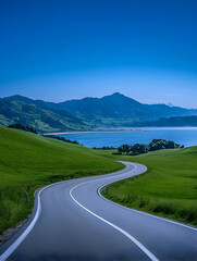 Winding road through green hills towards a calm lake under a clear blue sky