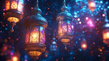 Obraz premium futuristic Ramadan background featuring neon-glowing lanterns suspended in a cosmic atmosphere