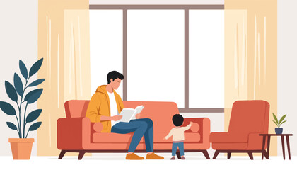 Father reading with child in modern living room, nurturing connection