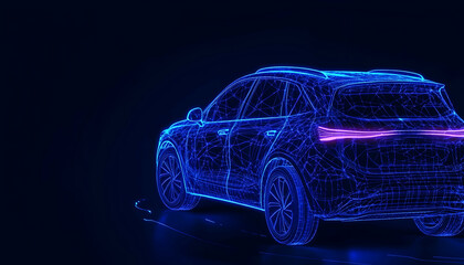 Wireframe SUV digital rendering, glowing blue and pink, dark background
