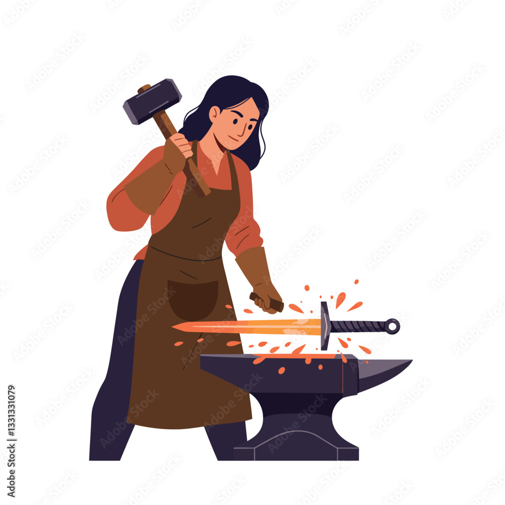 Poster blacksmith forging a sword with hammer in flat vector art style