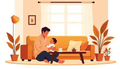 Fototapeta premium Caring dad embracing baby in cozy living room, family bonding