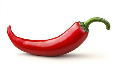 A single red chili pepper with a green stem on a white background.