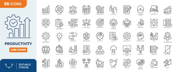 Productivity line editable icon set. Containing efficiency, task, focus, multitasking, routine, workflow, growth,  project management, productive, and more. Vector illustration