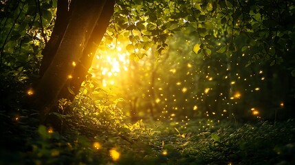 Obraz premium Sunset in the forest and park with the sun shining through the trees