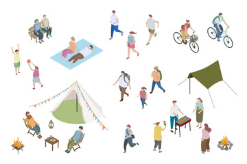 アウトドアを楽しむ人々のイラスト、アイソメトリック、アイソメ