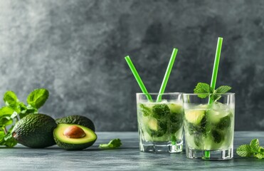Fototapeta premium Refreshing Avocado Mojito Drinks with Fresh Mint and Lime Slices