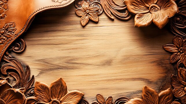 Leather Carving Floral Design On Wooden Background