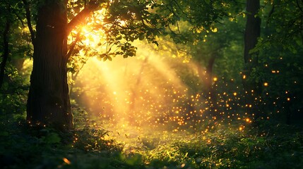 Obraz premium Sunset over a forest with a fire, trees, mist, and sunlight shining through the fog on a scenic path