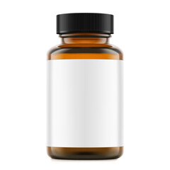 Brown glass wide mount bottle with screw cap and label mockup for treats, vitamins, supplements. Vector illustration isolated on white background. Ready for your design. EPS10.