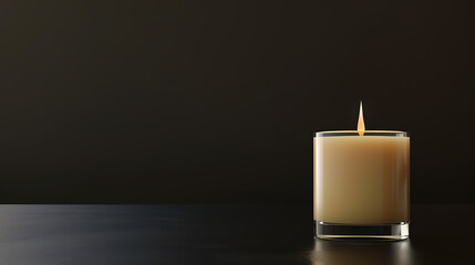 A single candle flickers gently in a glass container, casting a warm glow against a dark backdrop