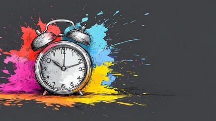 Colorful splash paint behind alarm clock.