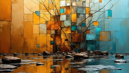 vibrant mosaic artwork with reflection in water, abstract painting, colorful tiles, nature inspired, creative design