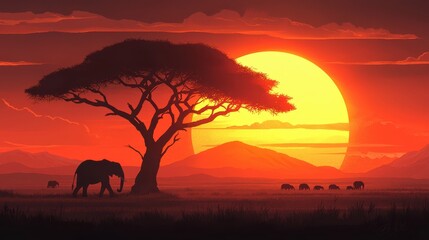 African Savannah Sunset Silhouette with Elephants and Acacia Tree, Warm Colors and Dramatic Lighting