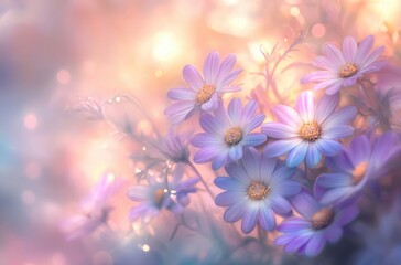 Delicate Purple Daisies Blossoming in Soft Pastel Light with Dreamy Bokeh Effect for Romantic and Serene Backgrounds