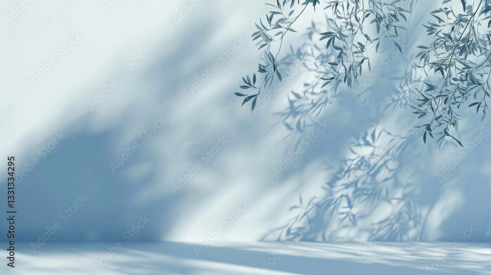 Poster soft light caresses the gentle blue backdrop, casting delicate shadows of leaves that create a sooth