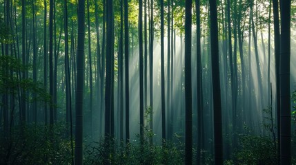 Enchanted Bamboo Forest: Sunbeams Dance Through Misty Greenery