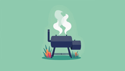 Stylish BBQ smoker with geometric smoke clouds on green backdrop, culinary joy