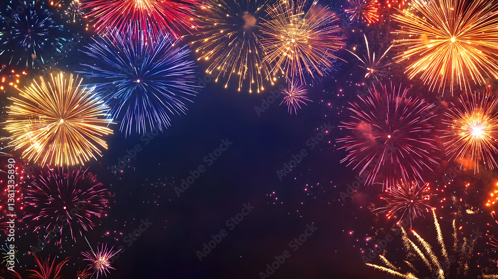 Poster 36. abstract firework background with free space for text. vibrant display of colorful fireworks bur