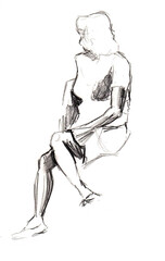 Sketch of woman sitting. Pencil drawing. Isolated on white background. Profile view. Face turned back. Chaotic lines, strokes. Different shades of gray, black colors. Woman dressed in shirt and skirt.