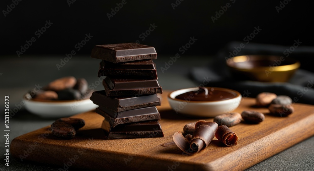 Poster dark chocolate pieces stacked on wooden board with cocoa beans and curls in background