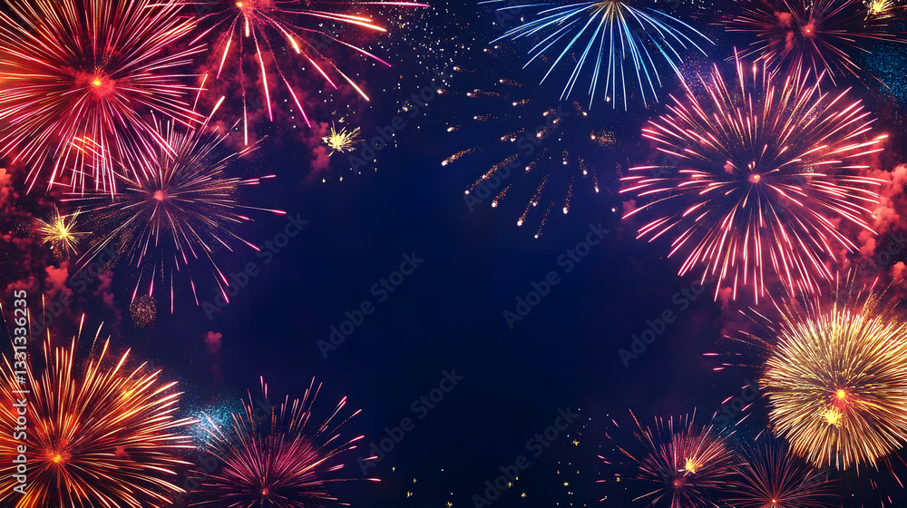 Poster 36. abstract firework background with free space for text. vibrant display of colorful fireworks bur