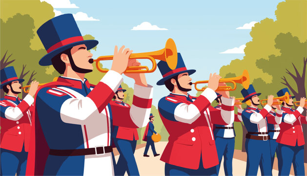 Celebratory marching band performing at Fourth of July parade, festive spirit