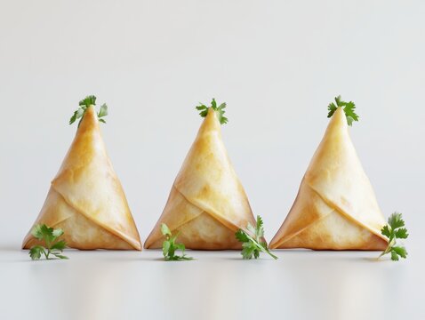 Delicious and Crispy Samosas Arranged on a Light Background with Fresh Cilantro Garnish for an Appealing Culinary Presentation