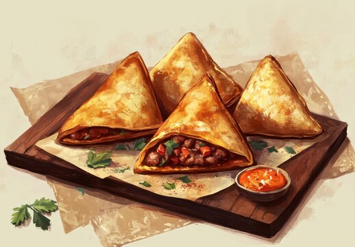 Delicious and Crispy Samosas on a Wooden Platter with Tangy Sauce Perfect for Snacking or Appetizing Dishes in Culinary Presentation