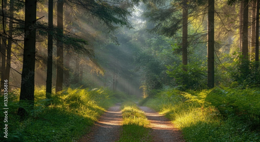 Poster sunlight streaming through trees onto forest path, creating serene atmosphere