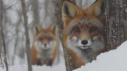 Two red foxes in snowy forest, one peeking from behind a tree.
