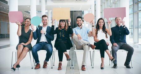 Speech bubble, business people and advertising for recruitment, join us and portrait in lobby...