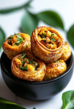 Delicious and Crispy Savory Pastry Rolls with Flaky Layers and Flavorful Filling Served in a Black Bowl Surrounded by Fresh Green Leaves
