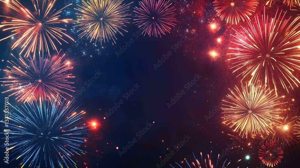 Poster 36. abstract firework background with free space for text. vibrant display of colorful fireworks bur