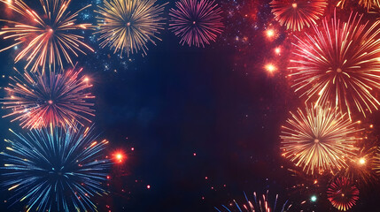 36. Abstract firework background with free space for text. Vibrant display of colorful fireworks bursting in various patterns against a dark sky. The composition allows ample space for text, creating