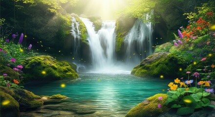 Fototapeta premium Serene waterfall with lush greenery and vibrant flowers, capturing tranquility of nature