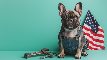 Adorable young French Bulldog Puppy, Dressed up for Labor Day with Denim Overall with Construction Tools and the US Flag on a Green Background