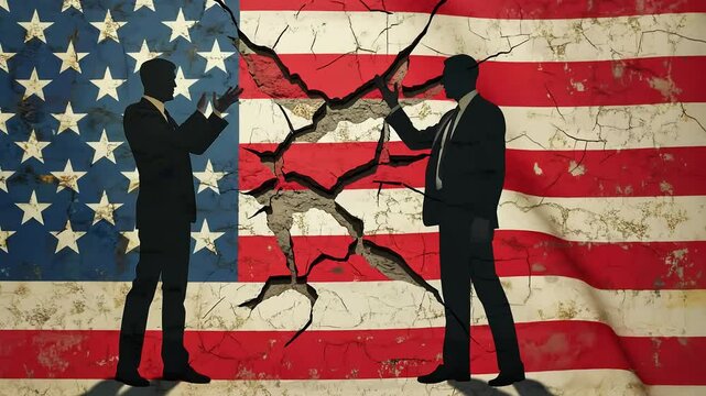 Two figures stand in opposition, engaged in a heated argument. The American flag serves as a backdrop, cracked, symbolizing division and discord in society.