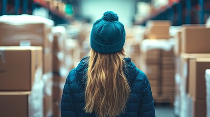 Obraz premium Woman with Long Hair in Blue Beanie in Warehouse Surrounded by Boxes