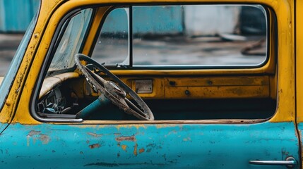 Vintage Yellow and Teal Truck Door Detail