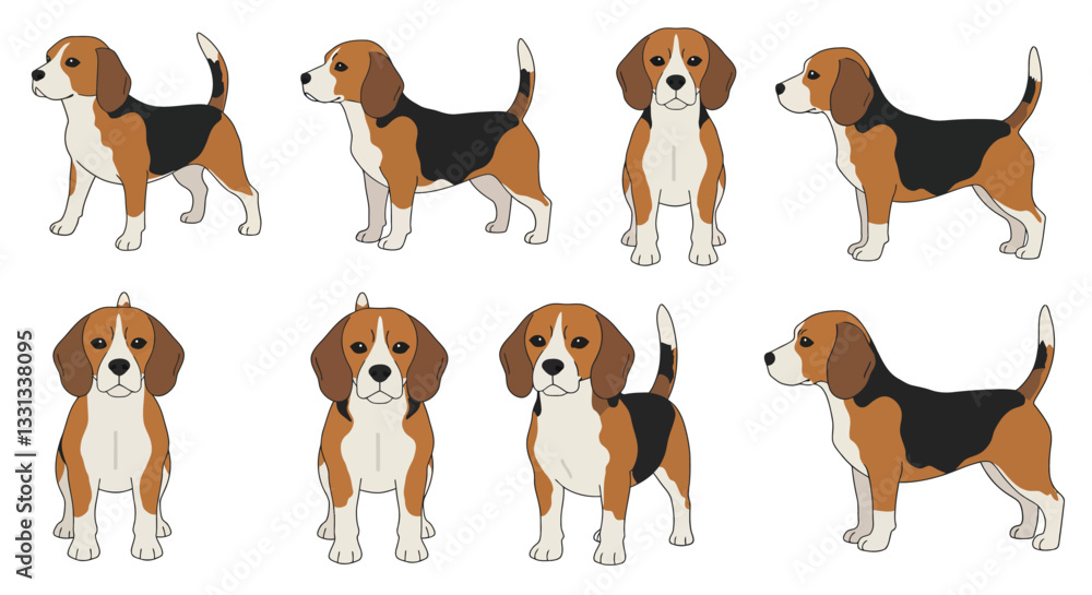 Poster beagle dog character poses in flat minimal vector art style showcasing playful expressions and body 