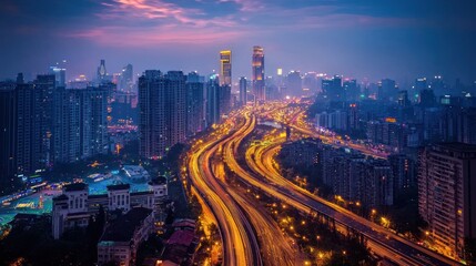 Obraz premium Night Cityscape: Elevated View of Illuminated Highway and Skyscrapers