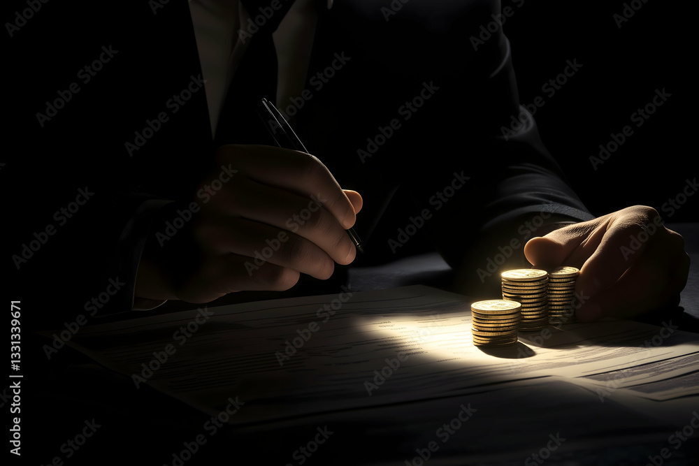 Poster a person's hand writes notes while counting coins in a dimly lit setting, emphasizing finance and tr