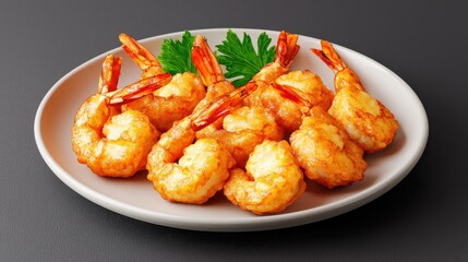 Delicious Crispy Golden Fried Shrimp on White Plate with Garnish