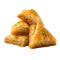 Delicious baklava stacked with bright green pistachios and golden layers