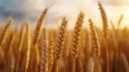 Fototapeta premium Golden Wheat Ears in a Field at Sunset with Soft Light and Dramatic Skies