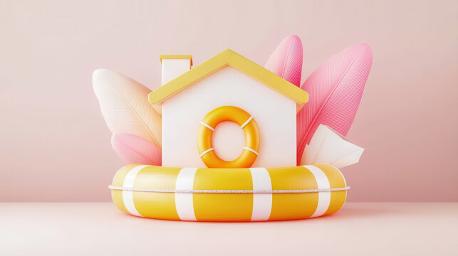 Home Insurance and Safety Concept, Cozy house on lifebuoy surrounded by colorful leaves, evoking summer vibes