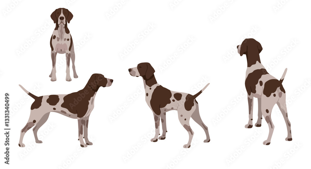 Aufkleber four distinct poses of a dog in flat vector art style showcasing playful character and unique featur